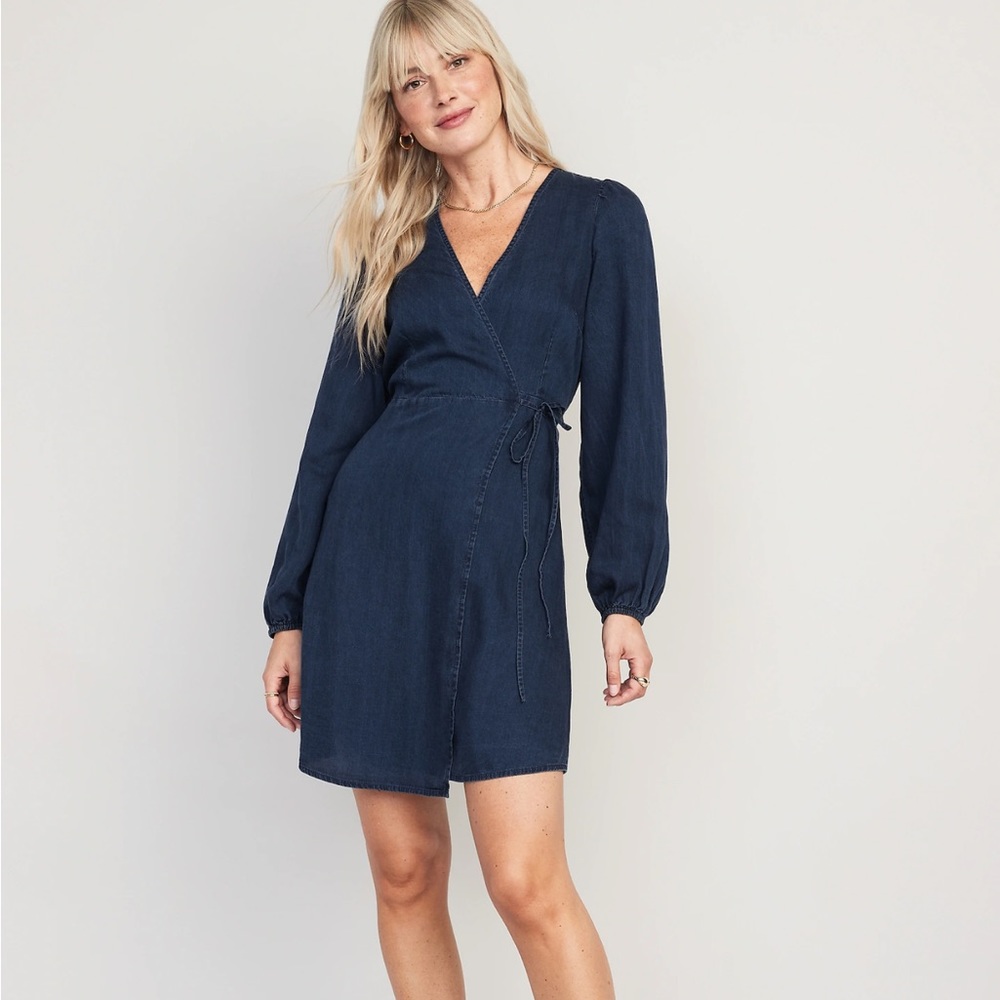 NWT Old Navy Puff-Sleeve Jean Mini Wrap Dress Size XS in Indigo Denim